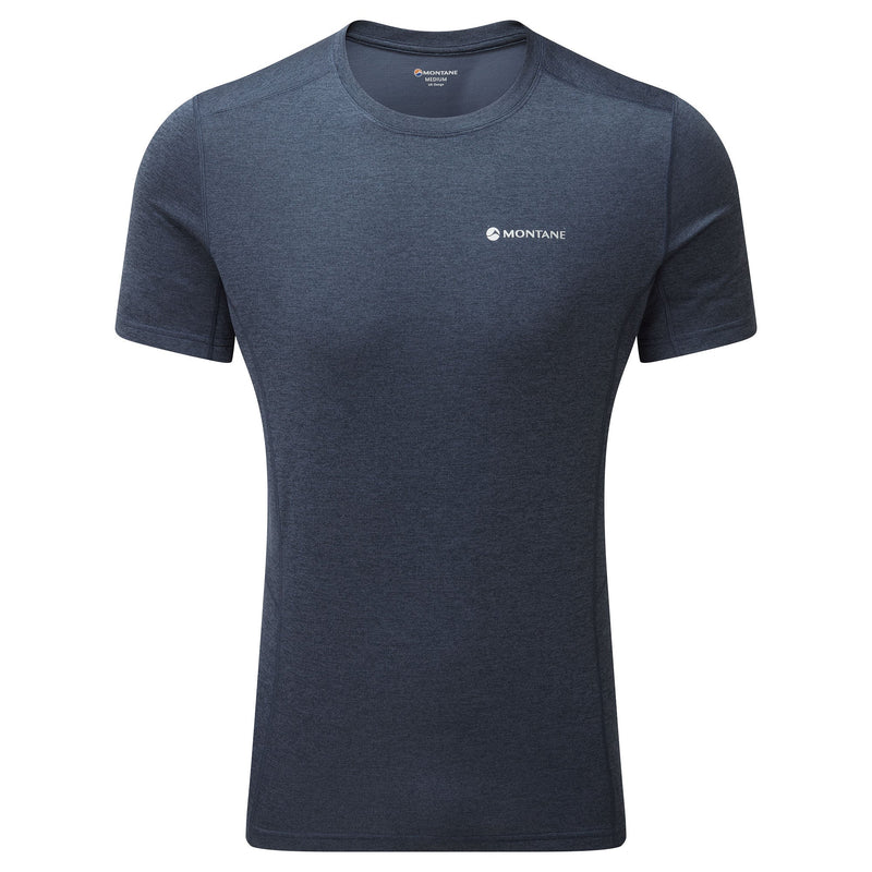 Dart T-Shirt - Men by Montane in dark blue, technical recycled fabric with warmth, breathability, and moisture wicking for all-season use
