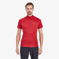 Dart Zip T-Shirt - Men in red by Montane, technical baselayer with recycled fabric, warmth, breathability, and moisture wicking for all-season use