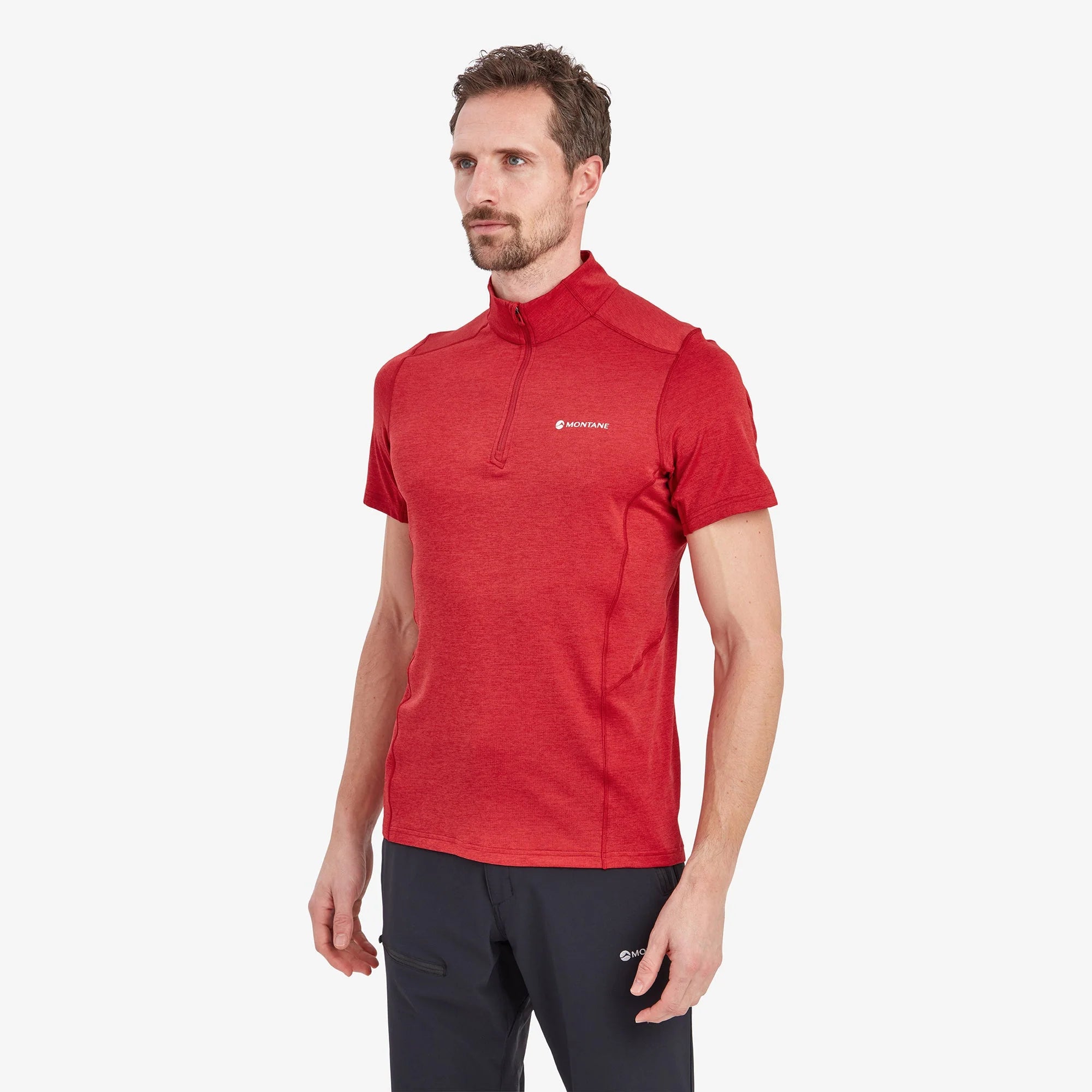 Dart Zip T-Shirt - Men by Montane in red short sleeve technical baselayer with recycled fabric, warmth, wicking, and breathability