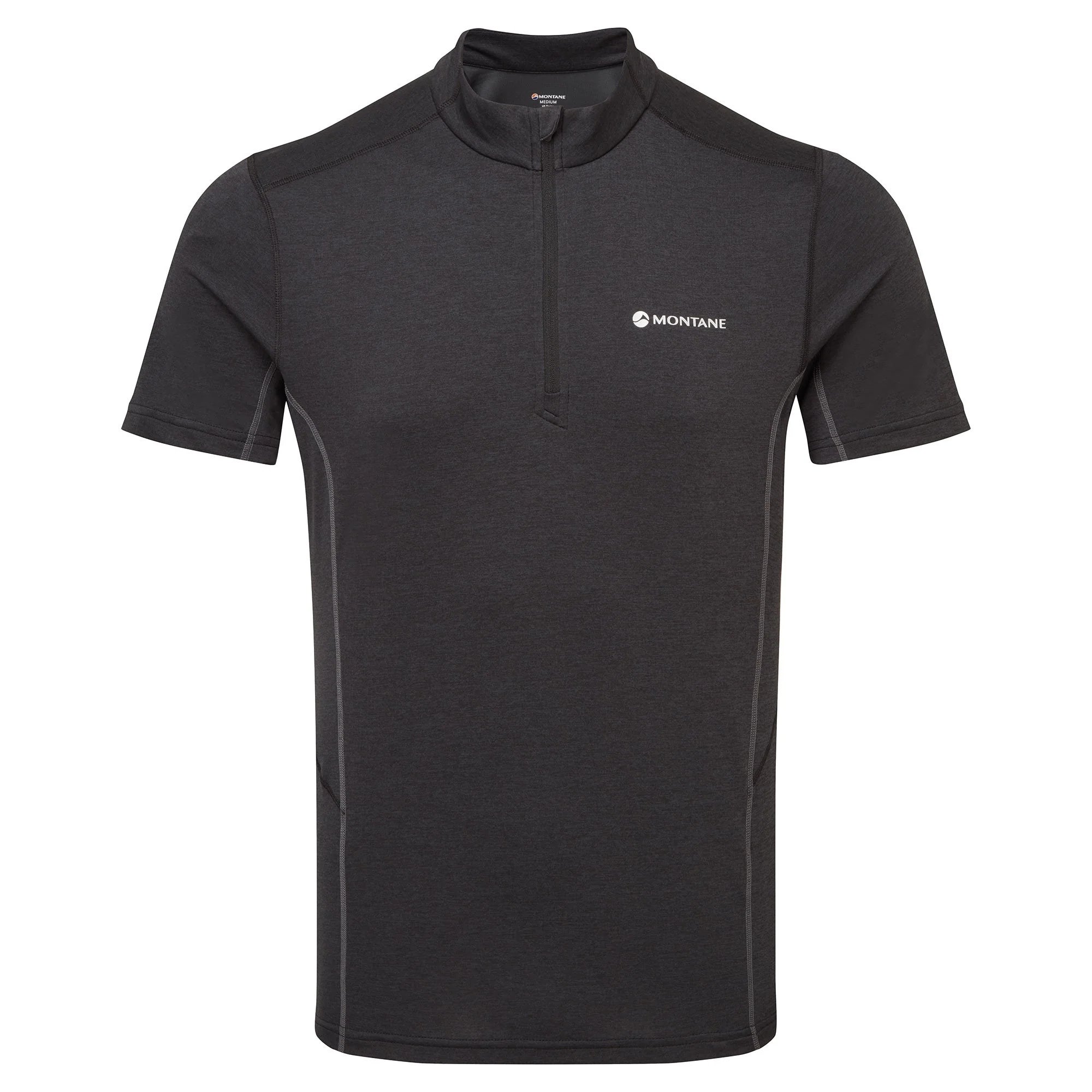 Dart Zip T-Shirt - Men by Montane in dark grey, technical baselayer with recycled fabric, warmth, breathability, and wicking for all-season use