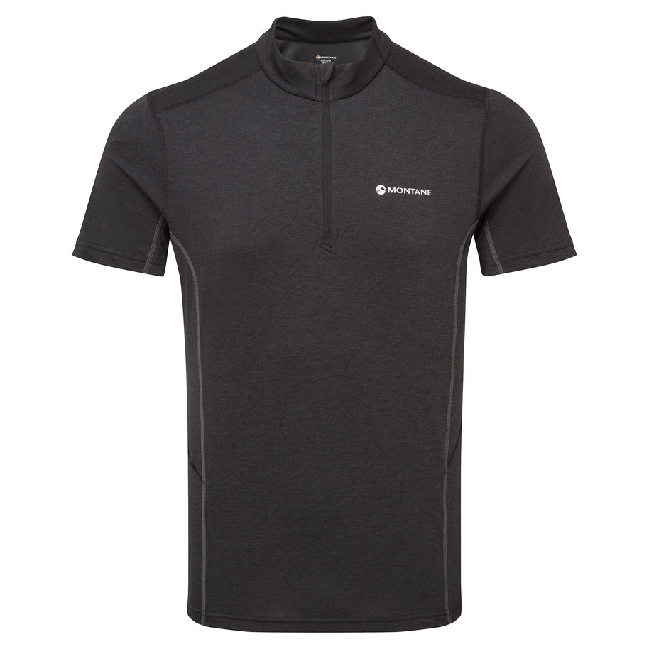 Dart Zip T-Shirt - Men by Montane in dark grey, technical baselayer with recycled fabric, warmth, breathability, and wicking for all-season use