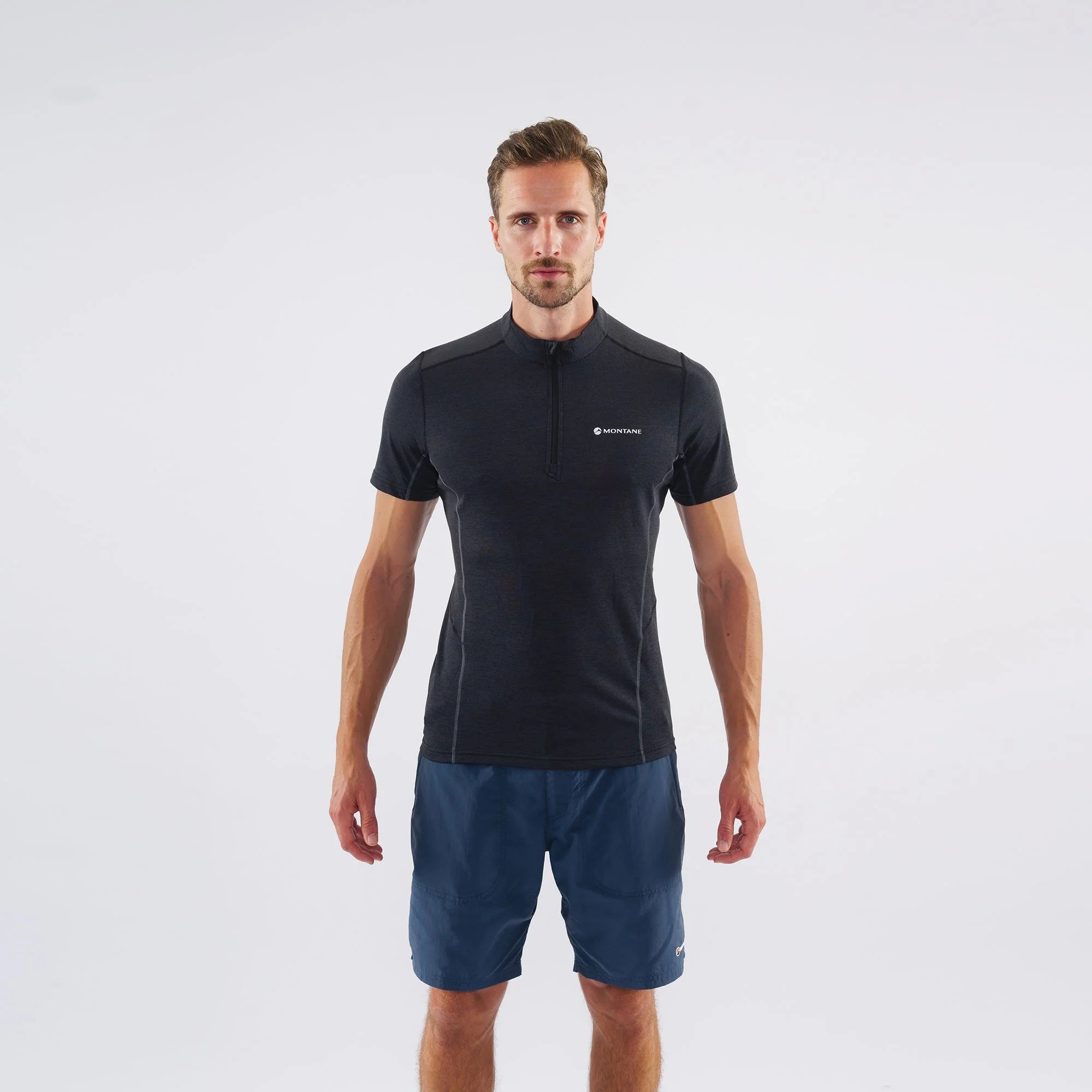 Dart Zip T-Shirt - Men by Montane in black, technical baselayer with recycled fabric, warmth, breathability, and moisture wicking ideal for all-mountain use