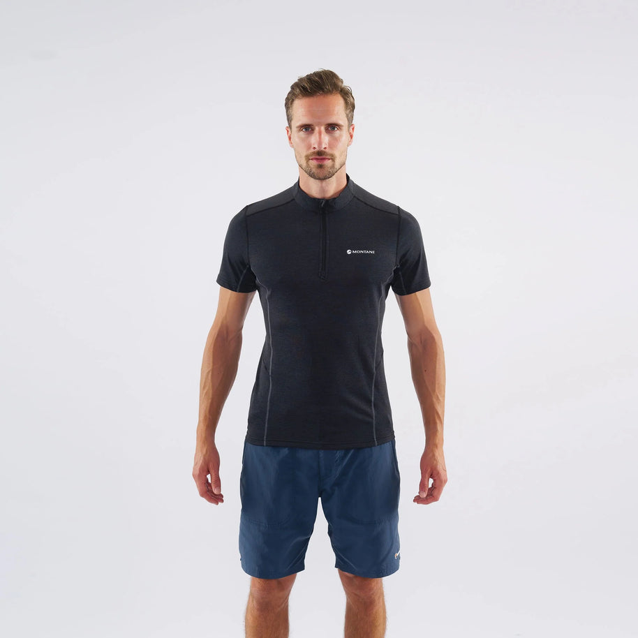 Dart Zip T-Shirt - Men by Montane in black, technical baselayer with recycled fabric, warmth, breathability, and moisture wicking ideal for all-mountain use