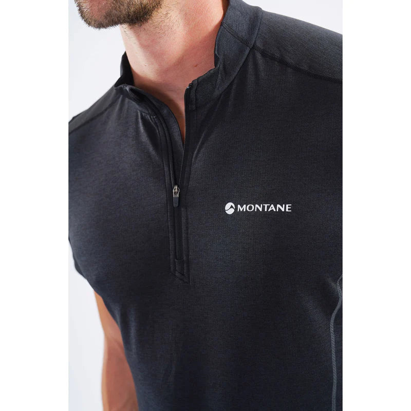 Dart Zip T-Shirt - Men by Montane in black technical baselayer with zip, recycled APEX ECO fabric, warmth and breathability for all-mountain use