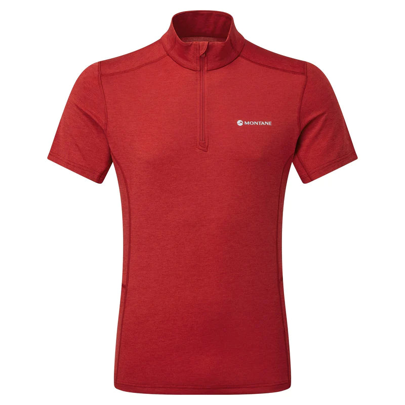 Dart Zip T-Shirt - Men by Montane in red, technical baselayer with recycled fabric, warmth, wicking, breathability for all-season use