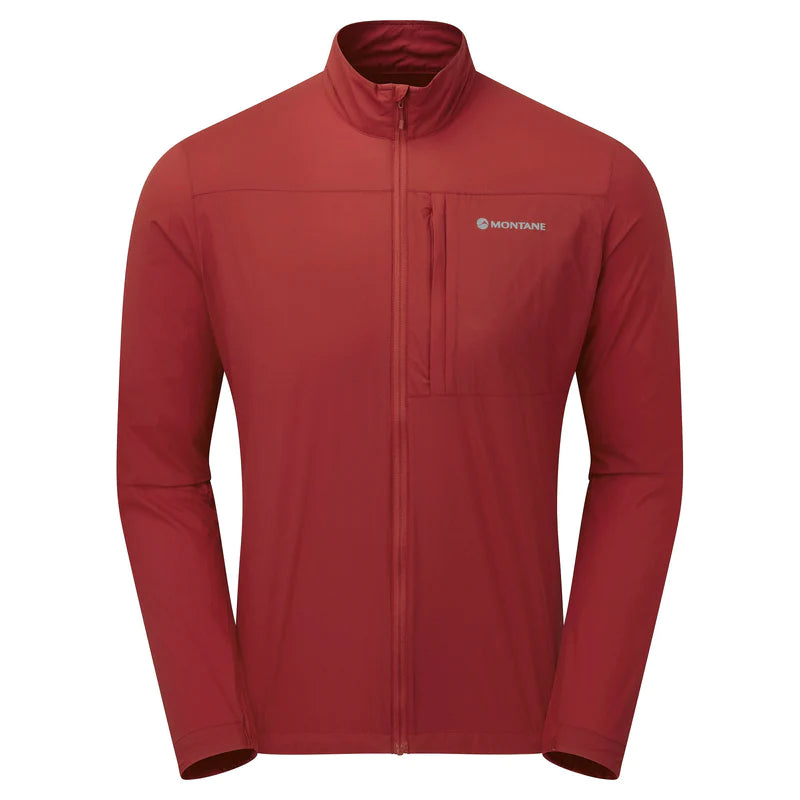 Featherlite Jacket - Men by Montane in deep red, breathable windproof, super light packable jacket for fast-paced mountain activities