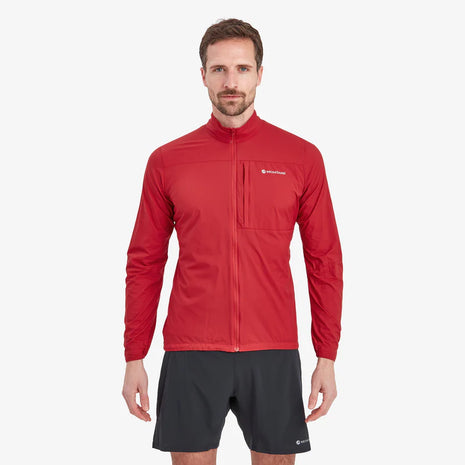 Featherlite Jacket - Men by Montane in red, lightweight windproof and breathable jacket for fast-paced mountain running and outdoor use