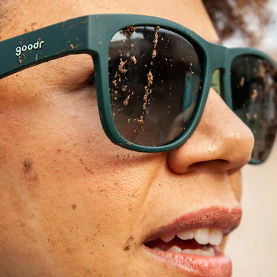 Mint Julep Electroshocks by Goodr in dark green sunglasses with sleek design, ideal for workout rehab and outdoor use