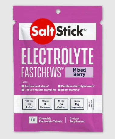 Saltstick Fastchews 10-Tab pack in mixed berry, chewable electrolyte supplement with sodium, potassium, calcium, and magnesium for endurance