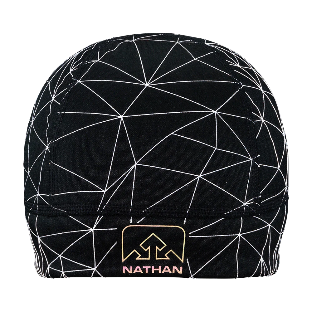 HyperNight Reflective Beanie by Nathan in black with reflective pattern, lightweight polyester stretch for night running comfort and visibility