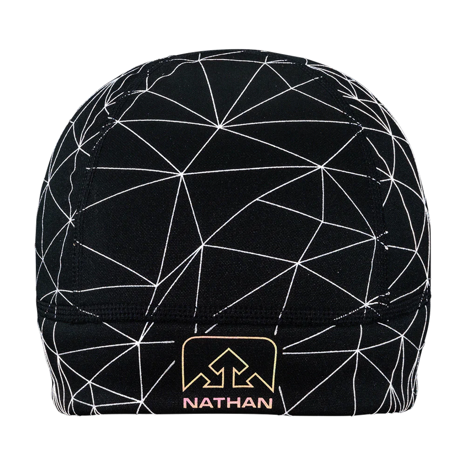 HyperNight Reflective Beanie by Nathan in black with reflective pattern, lightweight polyester stretch for night running comfort and visibility