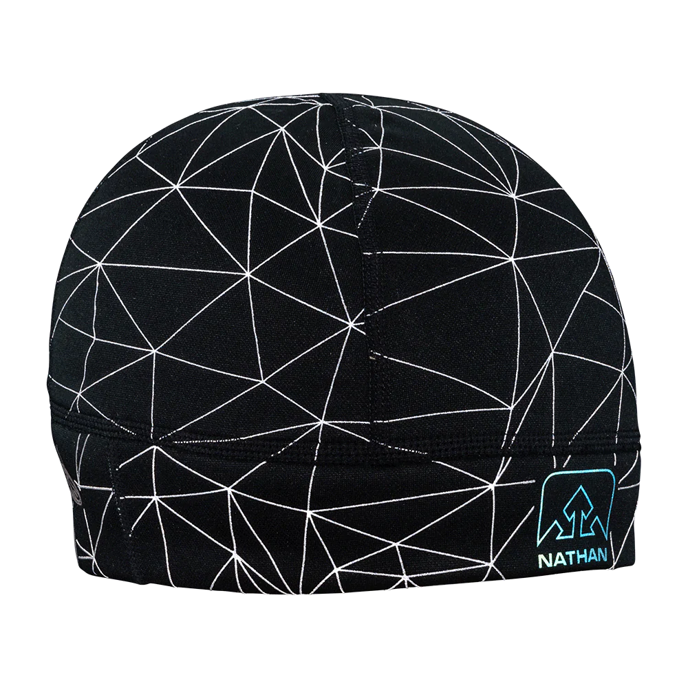 HyperNight Reflective Beanie by Nathan in black with white reflective pattern, lightweight stretch fabric for night running comfort and visibility