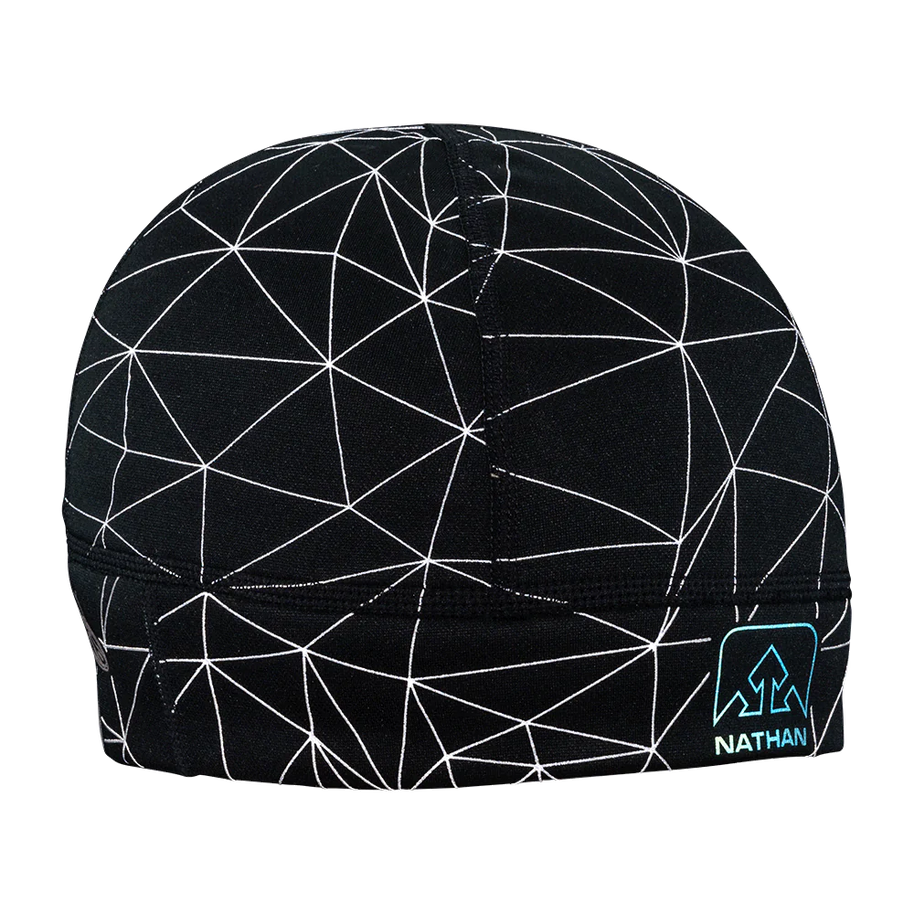 HyperNight Reflective Beanie by Nathan in black with white reflective pattern, lightweight stretch fabric for night running comfort and visibility