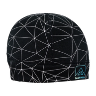 HyperNight Reflective Beanie by Nathan in black with white reflective pattern, lightweight stretch fabric for night running comfort and visibility