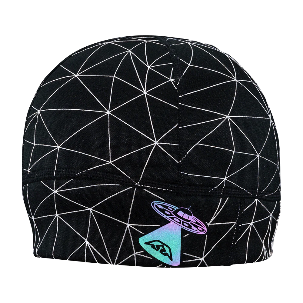 HyperNight Reflective Beanie by Nathan in black with reflective geometric pattern, lightweight stretch fabric for running and cool weather use