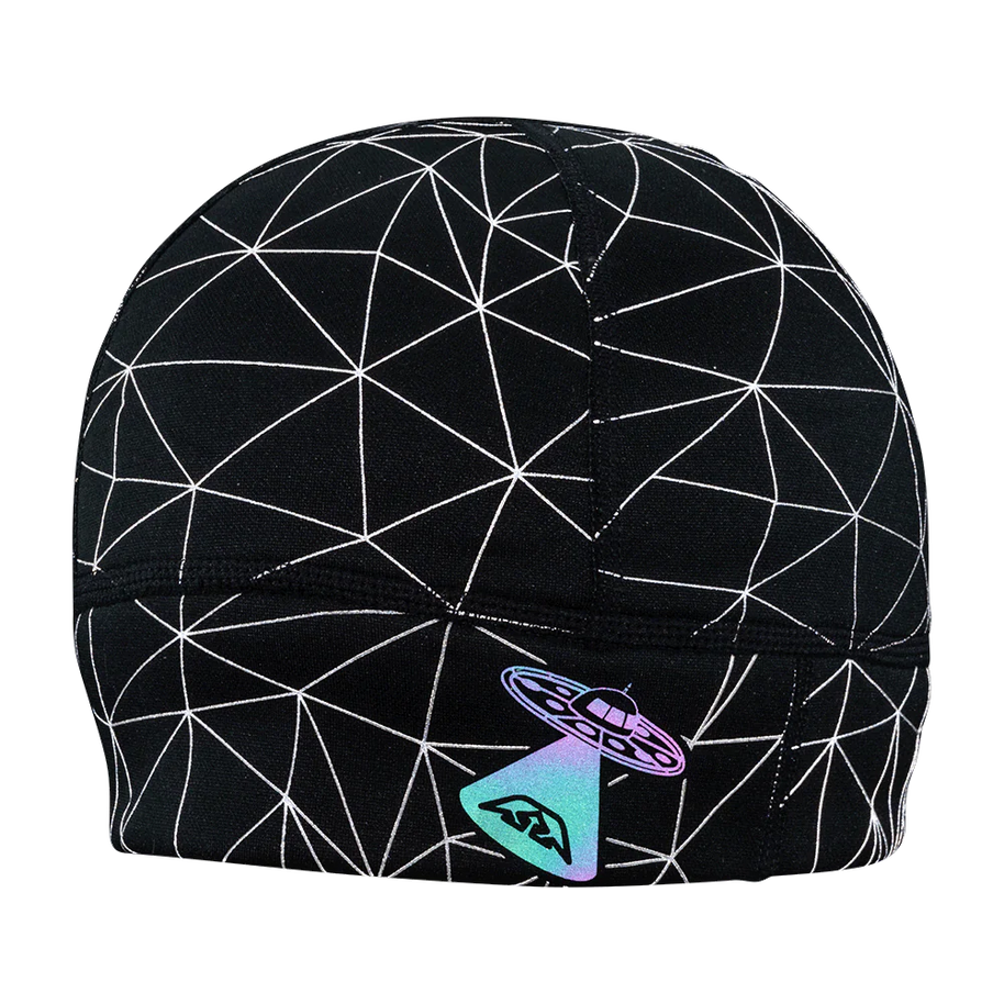 HyperNight Reflective Beanie by Nathan in black with reflective geometric pattern, lightweight stretch fabric for running and cool weather use