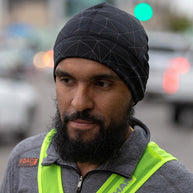 HyperNight Reflective Beanie by Nathan in black with reflective pattern, lightweight polyester/spandex knit for night running comfort and visibility