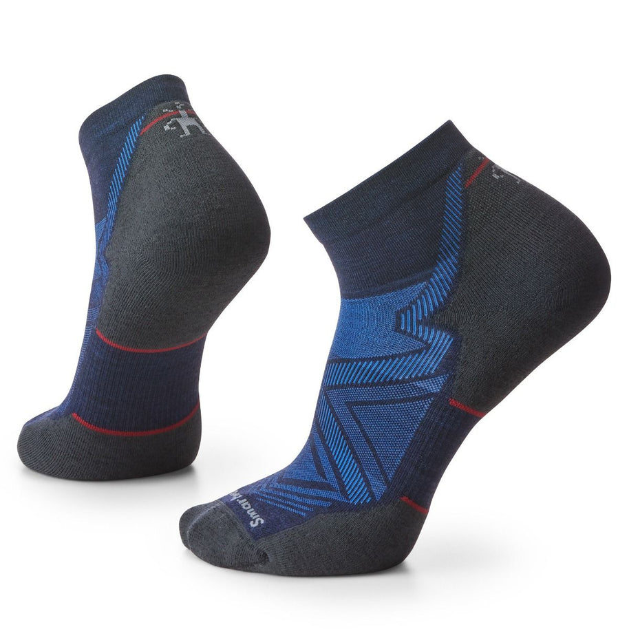 Run Targeted Cushion Ankle Socks by SmartWool in navy and grey with targeted cushioning for impact zones, ideal for running comfort