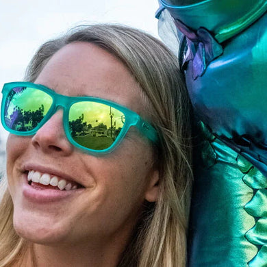 Nessy's Midnight Orgy by Goodr teal sunglasses with reflective lenses, lightweight glasses ideal for everyday wear and outdoor use