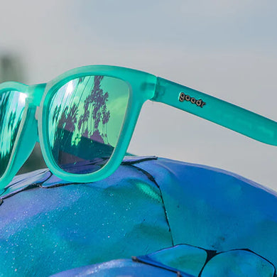 Nessy's Midnight Orgy by Goodr in teal, lightweight glasses with skin-on-skin comfort and bold Loch Ness Monster inspired design