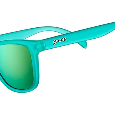 Nessy's Midnight Orgy by Goodr in teal with mirrored lenses, lightweight USA-based glasses ideal for running and outdoor use