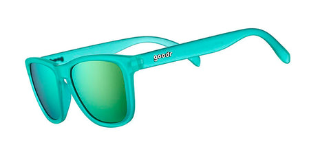Nessy's Midnight Orgy by Goodr in teal with mirrored lenses, lightweight USA-based glasses ideal for running and outdoor use