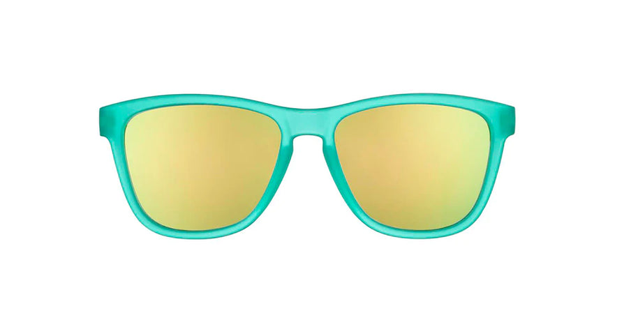 Nessy's Midnight Orgy by Goodr in teal with mirrored lenses, lightweight USA-based glasses perfect for running and outdoor use