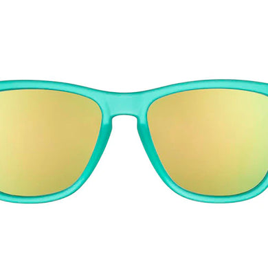Nessy's Midnight Orgy by Goodr in teal with mirrored lenses, lightweight USA-based glasses perfect for running and outdoor use