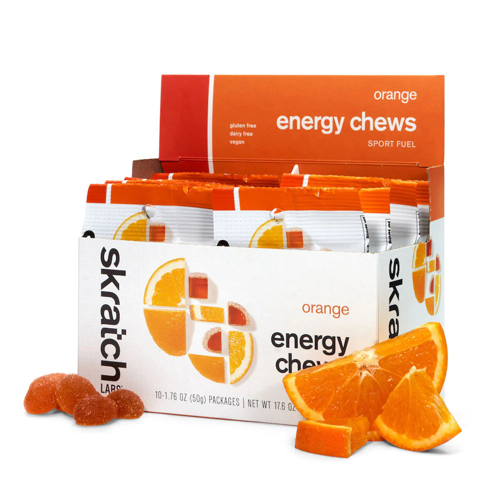 Energy Chews Sport Fuel by Skratch Labs in orange, vegan gluten and dairy free nutrition fuel for running and endurance training