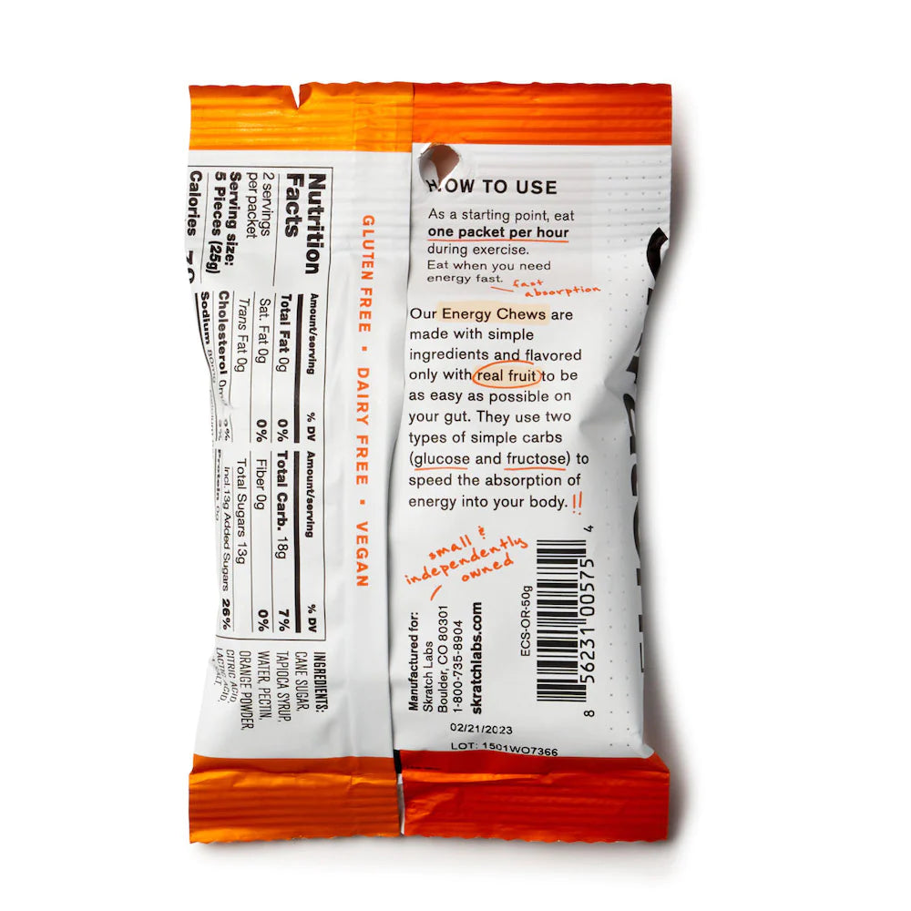 Energy Chews Sport Fuel by Skratch Labs in orange and white packaging, vegan gluten-free nutrition for endurance running and training