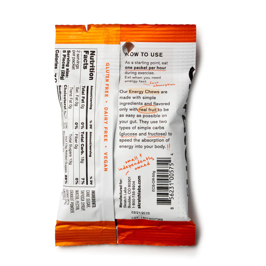 Energy Chews Sport Fuel by Skratch Labs in orange and white packaging, vegan gluten-free nutrition for endurance running and training
