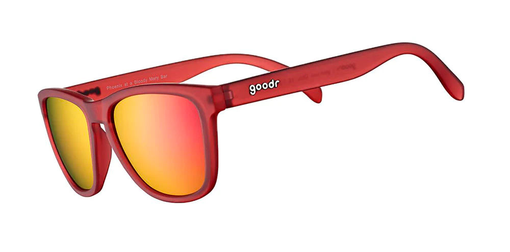 Phoenix At A Bloody Mary Bar by Goodr red sunglasses with rose lenses, lightweight stylish glasses ideal for casual outdoor wear