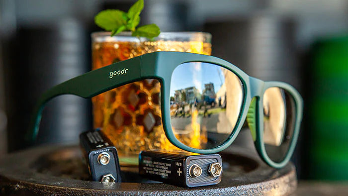Mint Julep Electroshocks by Goodr in dark green sunglasses with reflective lenses, ideal for workout rehab and outdoor use