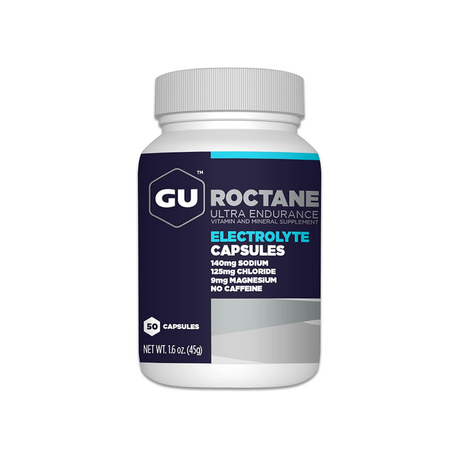 Roctane Electolyte Capsules by GU Energy in white and navy, vitamin and mineral supplement for hydration and endurance in heat
