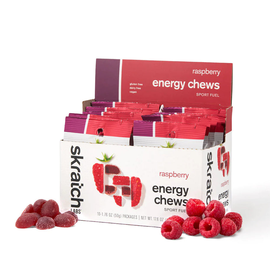 Energy Chews Sport Fuel by Skratch Labs in raspberry, vegan nutrition chews for endurance running and intense training fuel