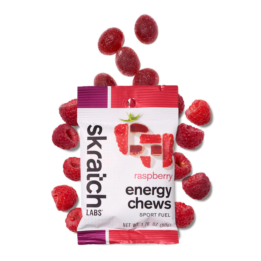 Energy Chews Sport Fuel raspberry by Skratch Labs, red chewable sports nutrition for endurance running and training fuel