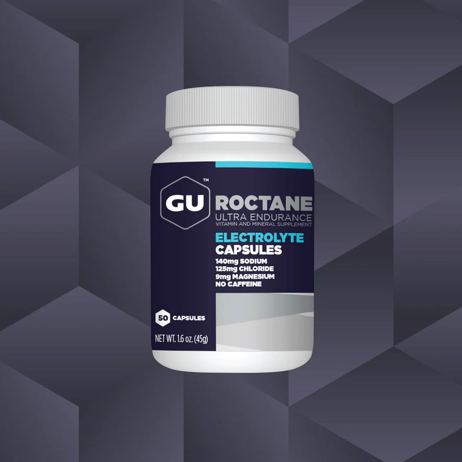 Roctane Electrolyte Capsules by GU Energy in white and dark blue, hydration supplement for endurance and performance support