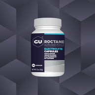 Roctane Electrolyte Capsules by GU Energy in white and dark blue, hydration supplement for endurance and performance support