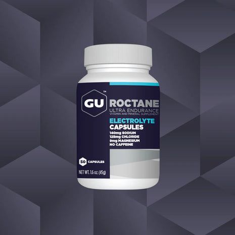Roctane Electrolyte Capsules by GU Energy in white and dark blue, hydration supplement for endurance and performance support