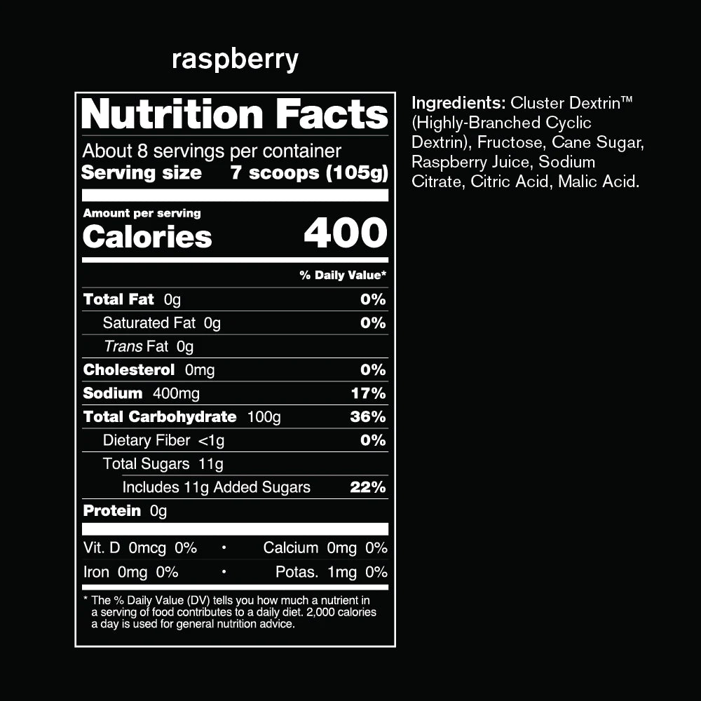 Super High-Carb Sport Drink Mix raspberry by Skratch Labs in black and white with 400 calories per serving, high-carb formula for athletes needing extra fuel