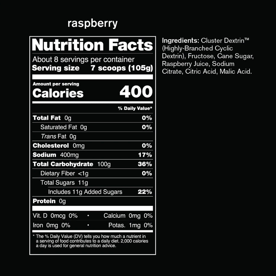 Super High-Carb Sport Drink Mix raspberry by Skratch Labs in black and white with 400 calories per serving, high-carb formula for athletes needing extra fuel