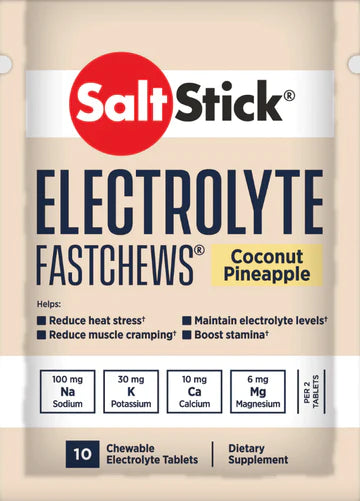 Saltstick Fastchews 10-Tab pack in coconut pineapple, chewable electrolyte tablets with sodium, potassium, magnesium, calcium for stamina and muscle support