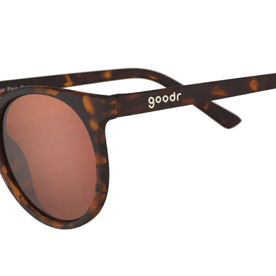 Nine Dollar Pour Over by Goodr in tortoiseshell with brown lenses, lightweight glasses made in USA with stylish durable frame for everyday use