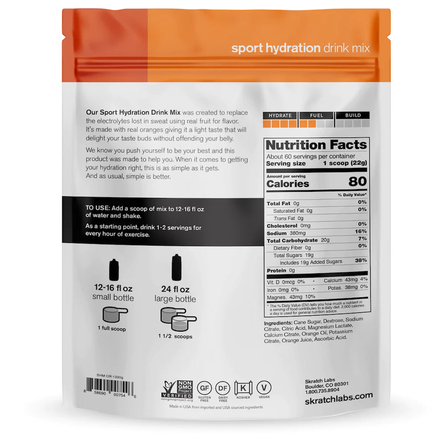 Sport Hydration Drink Mix by Skratch Labs in orange and white pouch, electrolyte drink mix for hydration and energy during workouts