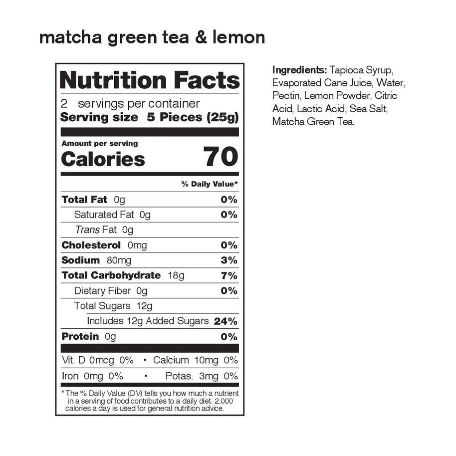 Energy Chews Sport Fuel by Skratch Labs in matcha green tea and lemon, nutrition facts and ingredients label for endurance nutrition