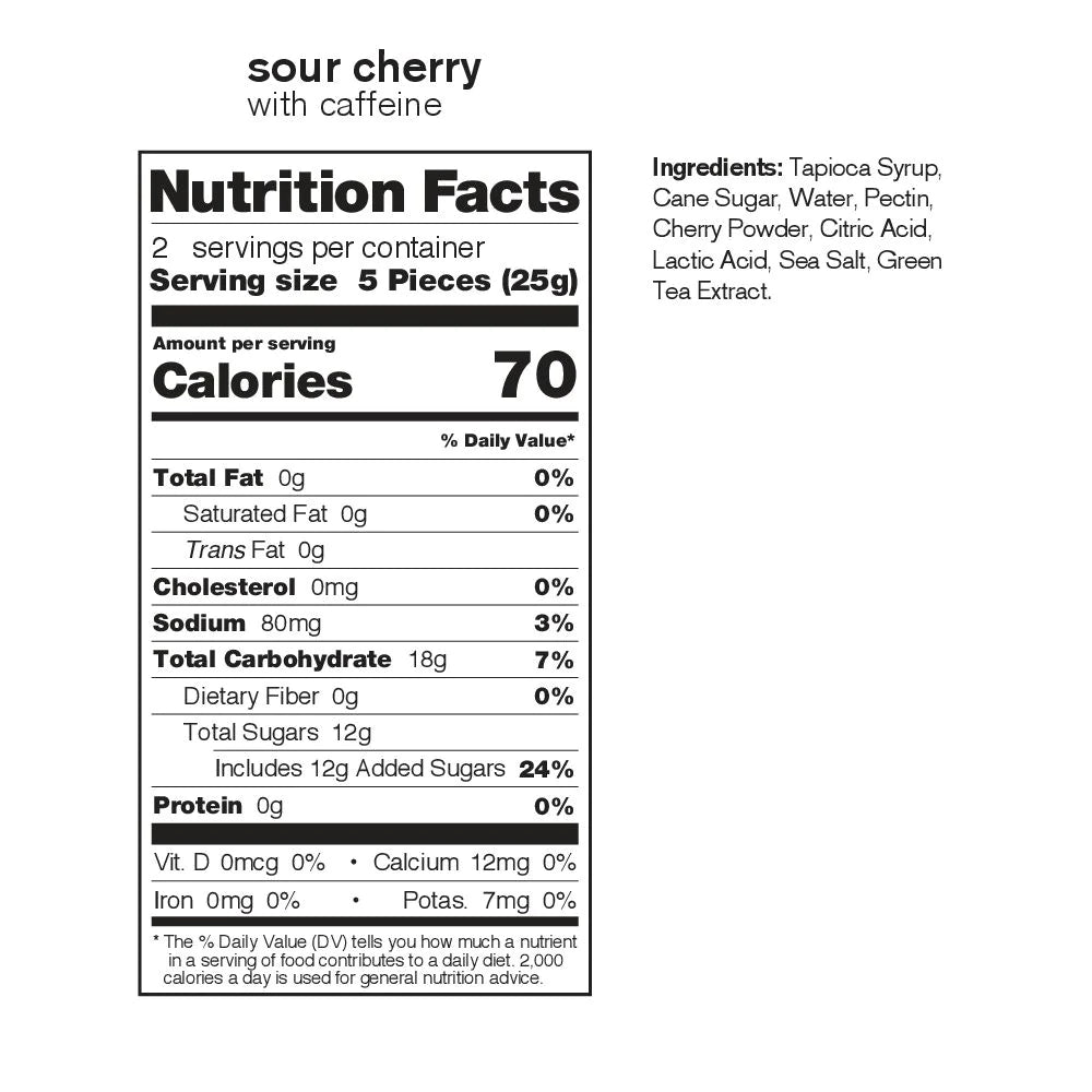 Energy Chews Sport Fuel Sour Cherry by Skratch Labs, 70-calorie caffeine chews with natural ingredients for endurance running nutrition.