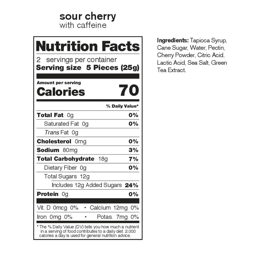 Energy Chews Sport Fuel Sour Cherry by Skratch Labs, 70-calorie caffeine chews with natural ingredients for endurance running nutrition.