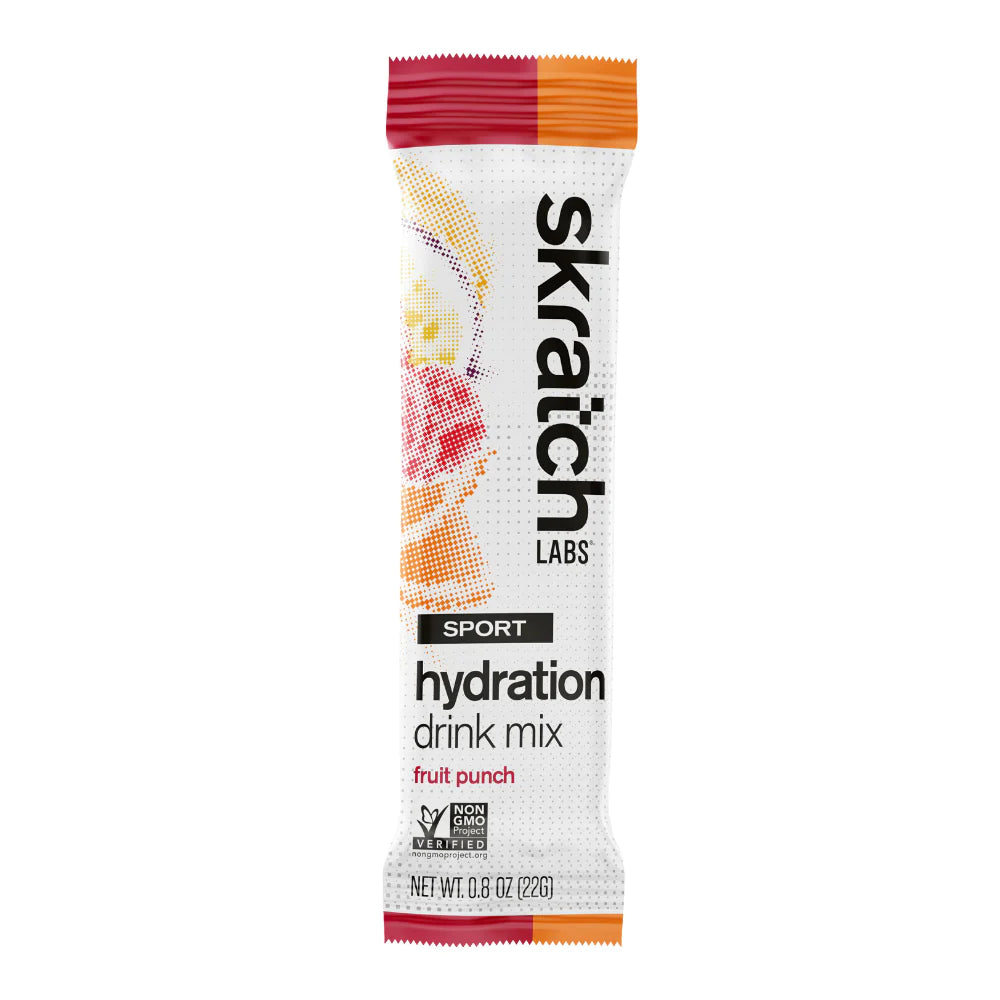 Sport Hydration Drink Mix fruit punch by Skratch Labs in white, red, and orange, electrolyte drink mix for workout hydration and energy