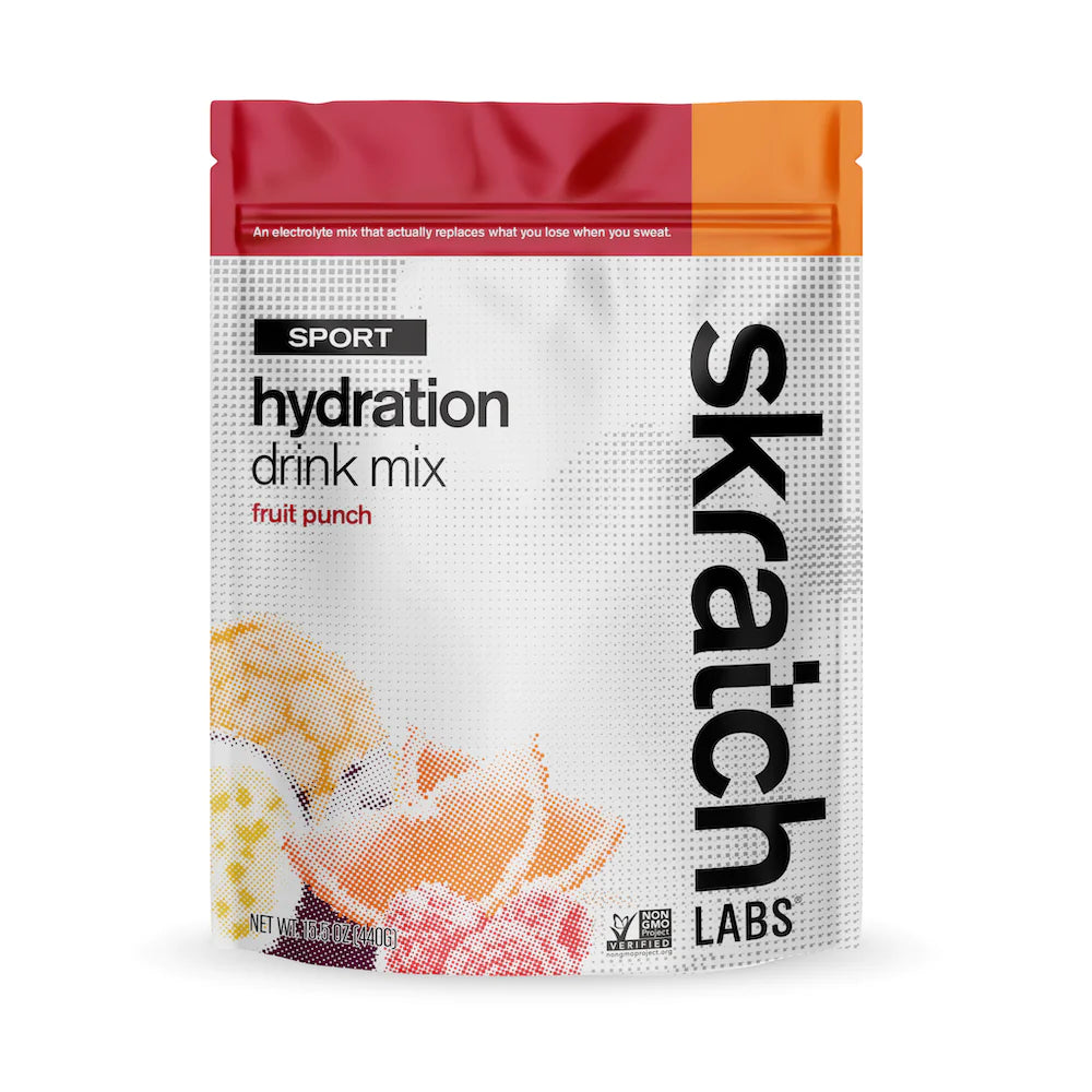 Sport Hydration Drink Mix fruit punch by Skratch Labs in red and orange pouch, electrolyte mix for sweat replacement and workout energy