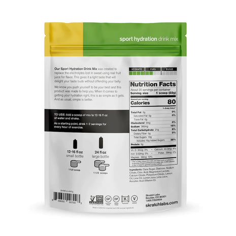 Sport Hydration Drink Mix by Skratch Labs in yellow and green pouch, electrolyte drink mix to replace lost minerals and provide energy during workouts